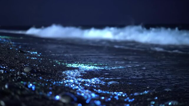 Magical Bioluminescent Plankton Glowing Blue and Green on a Dark Beach Shore at Night with Gentle Ocean Waves