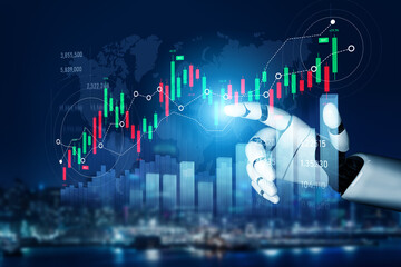 A robotic hand interacts with vibrant financial data and market charts, showcasing the fusion of...
