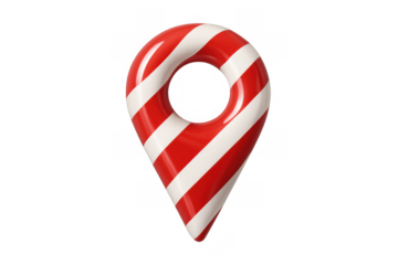 Candy cane striped map pin symbol showing christmas holiday location, festive navigation for sweet season destinations on transparent background
