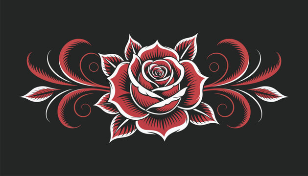 Abstract pinstriping scroll red rose black background ornamental hand drawn style illustration