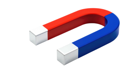 A red and blue horseshoe magnet with silver tips floats against a black background, casting faint highlights