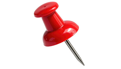 Glossy red pushpin, with a chrome pin, poised at a slight angle against a black background, creating a simple composition