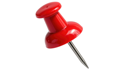Glossy red pushpin, with a chrome pin, poised at a slight angle against a black background, creating a simple composition