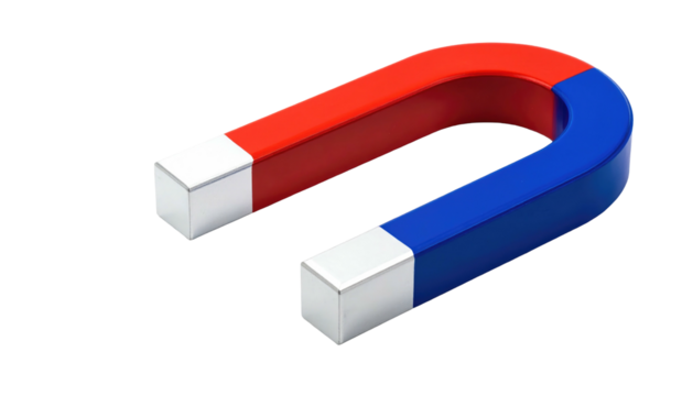 A red and blue horseshoe magnet with silver tips floats against a black background, casting faint highlights