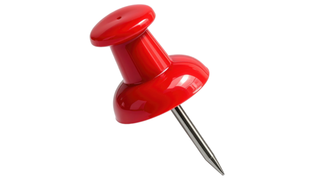 Glossy red pushpin, with a chrome pin, poised at a slight angle against a black background, creating a simple composition
