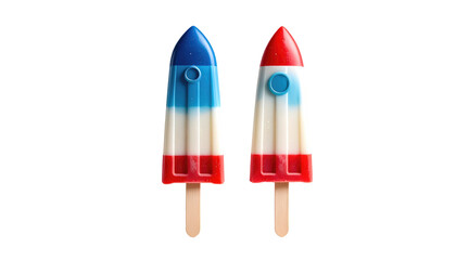 Two rocket-shaped popsicles, one blue-topped, one red, both striped in white. Isolated on black background, bright lighting