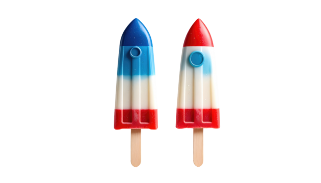 Two rocket-shaped popsicles, one blue-topped, one red, both striped in white. Isolated on black background, bright lighting