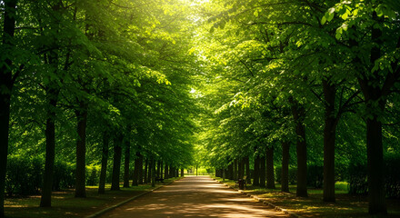 Serene Natural Pathway Lined with Lush Green Trees and Sunlight