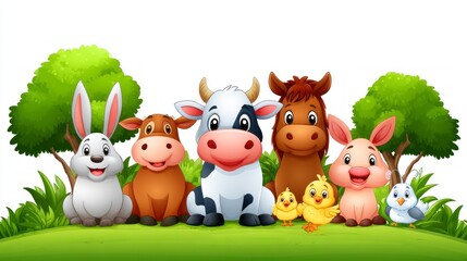 Naklejka premium In a bright and lively green field, a cow, pig, rabbit, hen, and horse come together, displaying joy and camaraderie. They represent the cheerful spirit of farm life