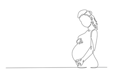 Beautiful pregnant woman touching her belly in continuous one line drawing. Simple line art illustration of pregnant belly. Editable vector.