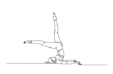 Beautiful woman doing pilates exercises continuous one line drawing. Young lady pilates pose in single line art illustration. Editable vector.