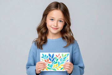 Young girl smiling and holding colorful leaves drawing