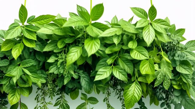 Dense and vibrant green foliage showcasing various leaf shapes and textures against a bright backdrop