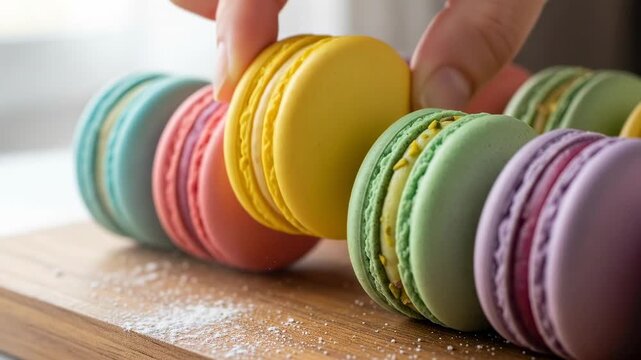 Colorful Macarons on Wooden Board - Sweet Treats and Delicate Flavors.