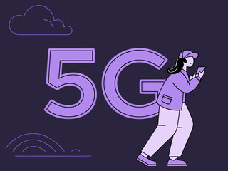 Fototapeta premium 5G technology, a new generation of cellular networks, AI connection via high-speed internet, fiber-optic communication, new-generation antennas, 5G icon