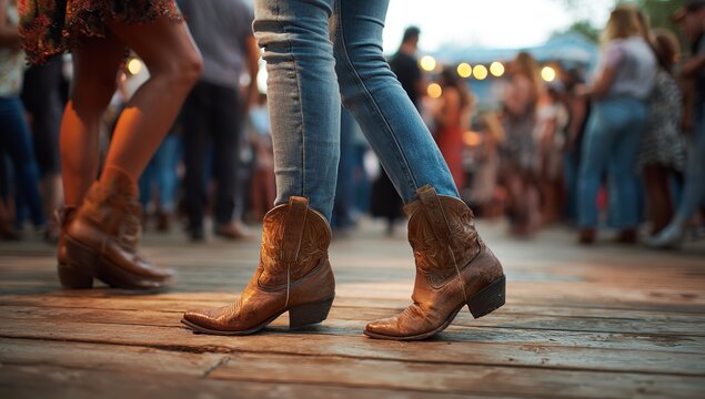 Cowboy boots at a fun outdoor festival with friends, the music's playing and everyone is having a great time together