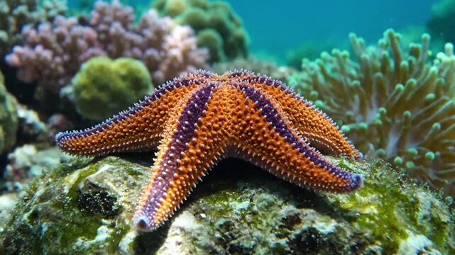 Serene scene of a solitary starfish nestled amongst colorful anemones and swaying seaweed, emphasizing the peaceful and untouched beauty of the ocean floor.