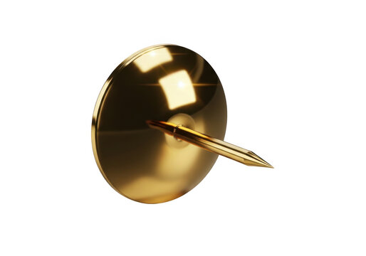 Shiny golden thumb tack with sharp point isolated on transparent background