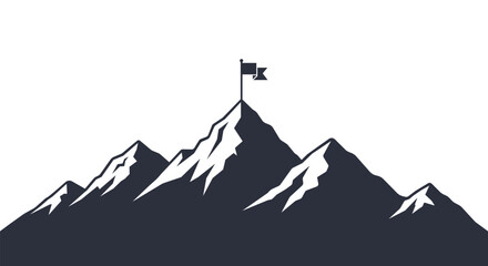 Dark blue mountain peak with flag against white background vector summit