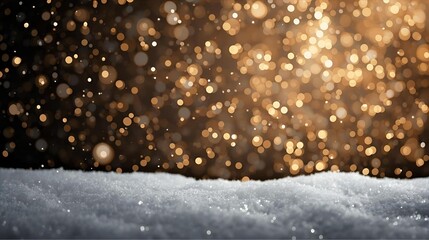 Golden Bokeh Lights Over Snowy Ground in a Serene Winter Night Scene