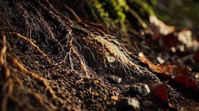 Dynamic view of a vibrant, living root system, emphasizing its texture, form, and the essential role it plays in environmental stability and nutrient cycling.