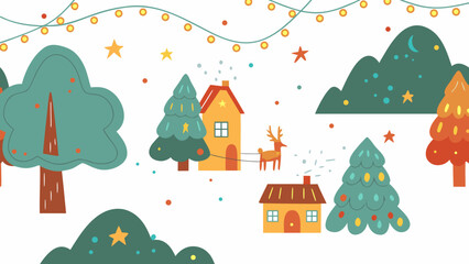 Obraz premium Whimsical christmas village scene with decorated trees houses and a reindeer pulling a sleigh under festive lights