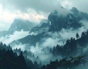 A majestic mountain range shrouded in mist, with dense evergreen forests in the foreground. Overcast sky with a soft light