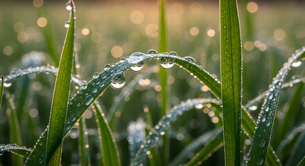 Close-up Fresh Dewdrop Adorned Green Grass Blades Nature Image