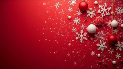 Vibrant Red Holiday Background With White Snowflakes And Hanging Christmas Ornaments For Festive Decor