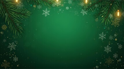 Festive Green Background With Pine Branches, Snowflakes, And Warm Lights For Holiday Celebrations