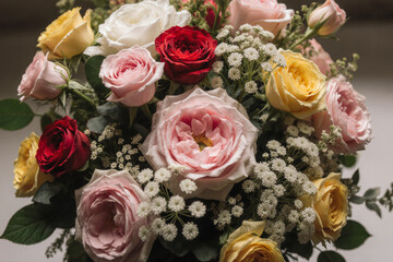 Beautiful Vibrant Rose Bouquet Freshly Cut Pink, Red, Yellow, White Blooms with Delicate Baby's Breath, Perfect for Romantic and Elegant Floral Displays