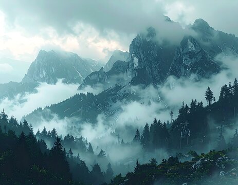 A majestic mountain range shrouded in mist, with dense evergreen forests in the foreground. Overcast sky with a soft light - Powered by Adobe