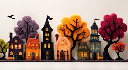 Charming spooky felt Halloween village scene with haunted houses and vibrant trees, perfect for fall decorations and holiday promotions
