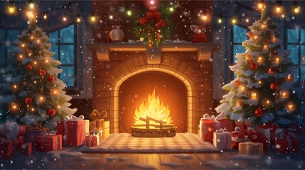 Cozy Christmas Fireplace Scene With Decorated Trees, Gifts, And Warm Holiday Glow Beside The Fireplace