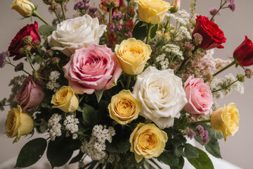 Elegant and vibrant floral bouquet showcasing an exquisite mix of fresh roses in delicate pink, bright yellow, pure white, and passionate red, perfect for heartfelt occasions