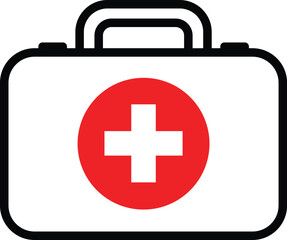Obraz premium Red and white first aid kit icon with black outline medical kit health