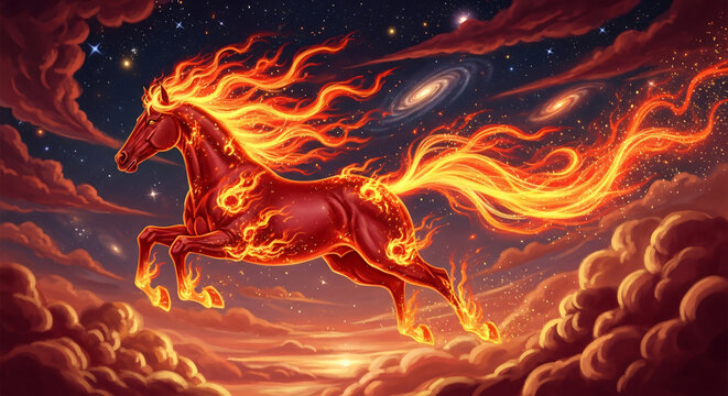 celestial fire horse running through the sky, glowing mane and tail, Chinese New Year 2026 concept