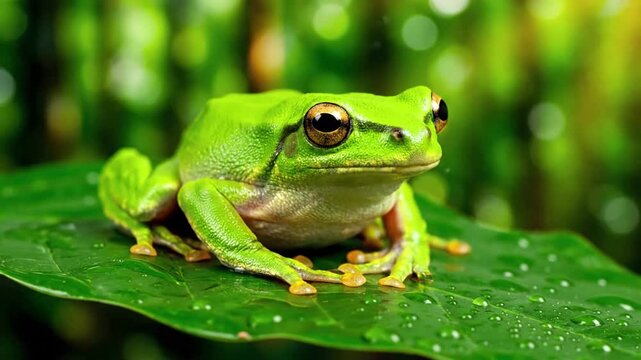 A tiny froglet clinging to a slender blade of grass during a gentle rain shower, with individual water droplets glistening on its smooth skin and the surrounding flora.