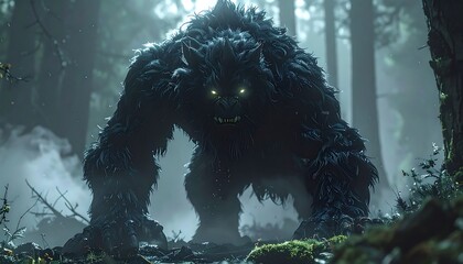A fearsome, bipedal creature with a dense, dark fur stands menacingly in a dense, fog-laden forest, glowing eyes