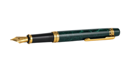 Elegant green marbled fountain pen with gold accents against a stark black backdrop, lying horizontally