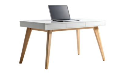 White, modern desk with wood legs and laptop on top, isolated on black. Studio shot