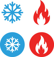 Blue snowflake icon and red flame icon with circular versions cold winter