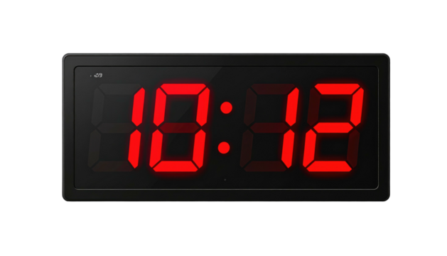 Red digital clock displays 1002, centered against stark black background, showcasing electronic timekeeping