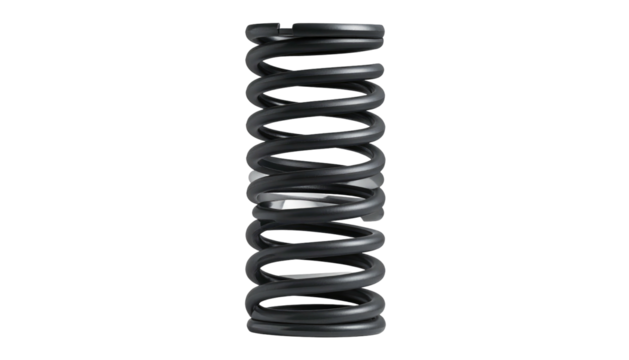 A cylindrical metal coil, dark gray in color, casts a soft shadow against a stark black backdrop