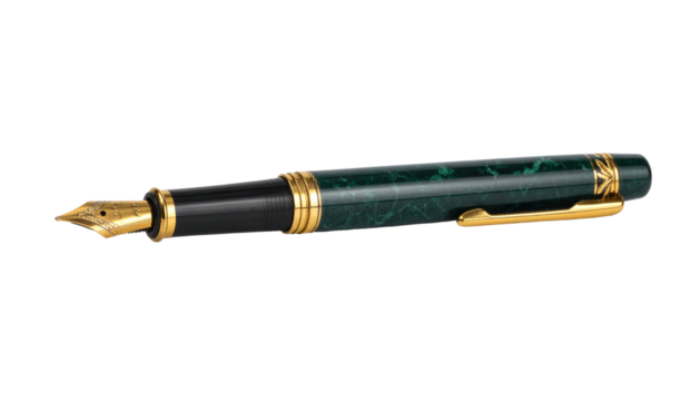 Elegant green marbled fountain pen with gold accents against a stark black backdrop, lying horizontally