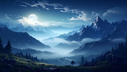 A serene moonlit landscape showcases majestic mountains, a misty valley, and a dark forest under a clouded sky