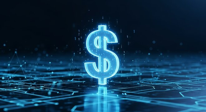 Digital dollar sign glowing on a circuit board with binary code and dark blue background illustration