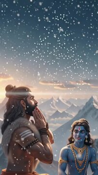 Lord Shiva and Goddess Parvati converse peacefully amidst the serene, snow-covered Himalayan peaks.