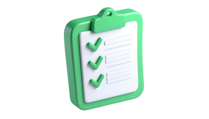 3D render of a green clipboard with white paper featuring three green check marks. Dark background