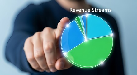 Person pointing at a colorful pie chart representing revenue streams in a business presentation setting